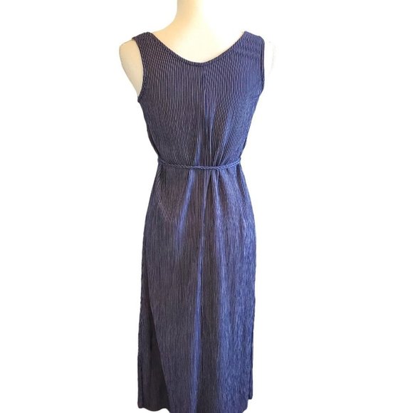 Vintage 90s Blue Maxi Dress Sleeveless Pinafore Side Slit tie Waist Pinstripe - Picture 7 of 9